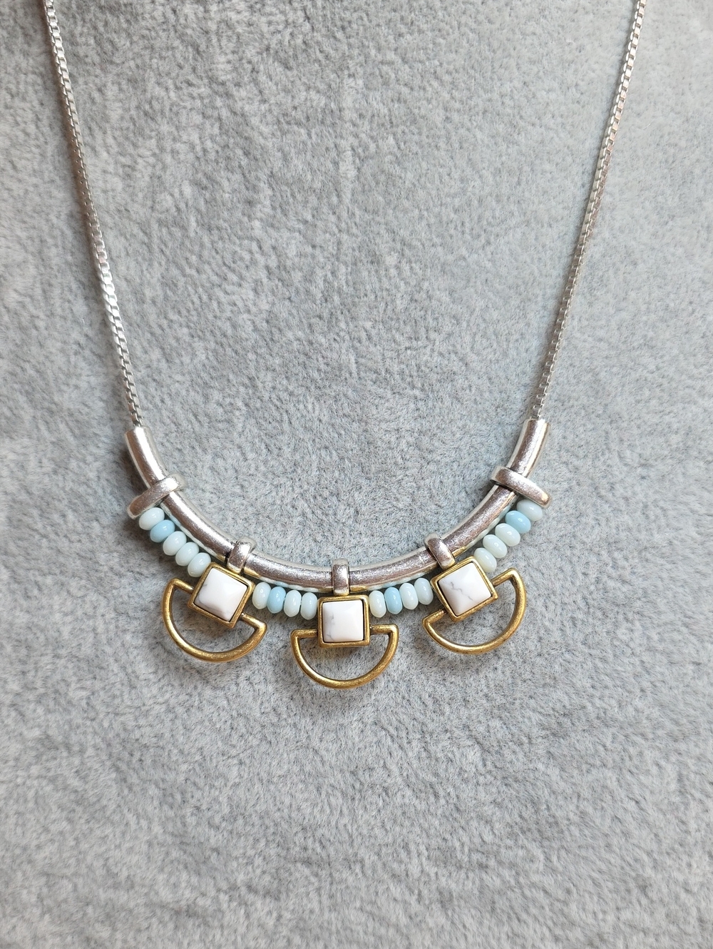 Stella & Dot Mixed-Metal White Howlite & Light Blue Bead Curved Bar Necklace